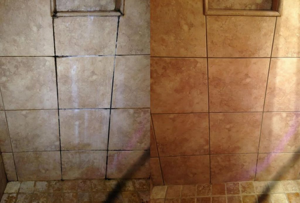 01-1 A split image shows dirty, moldy beige shower tiles on the left and clean, brown tiles on the right.
