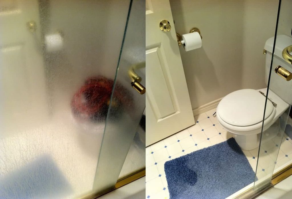 02-1 A split image shows a frosted glass shower door on the left and a toilet with a blue bath mat on the right.