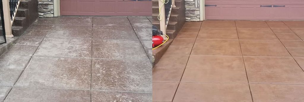 03-1 A split image shows a dirty, faded concrete driveway on the left and a clean, rich brown driveway on the right.