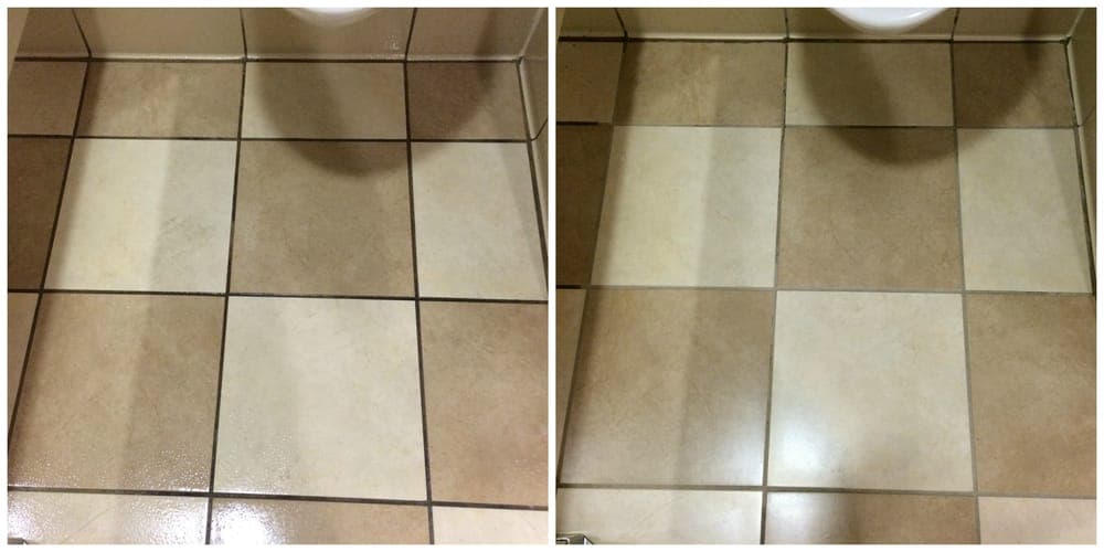 03 A before-and-after comparison shows a dirty tiled floor on the left and a clean, shiny floor on the right.