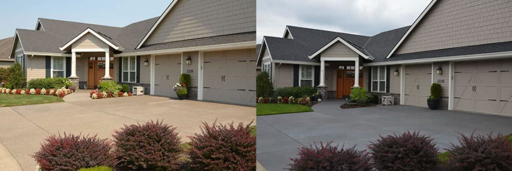 04-1 A split image shows a house with a light gray driveway on the left and a dark gray driveway on the right.