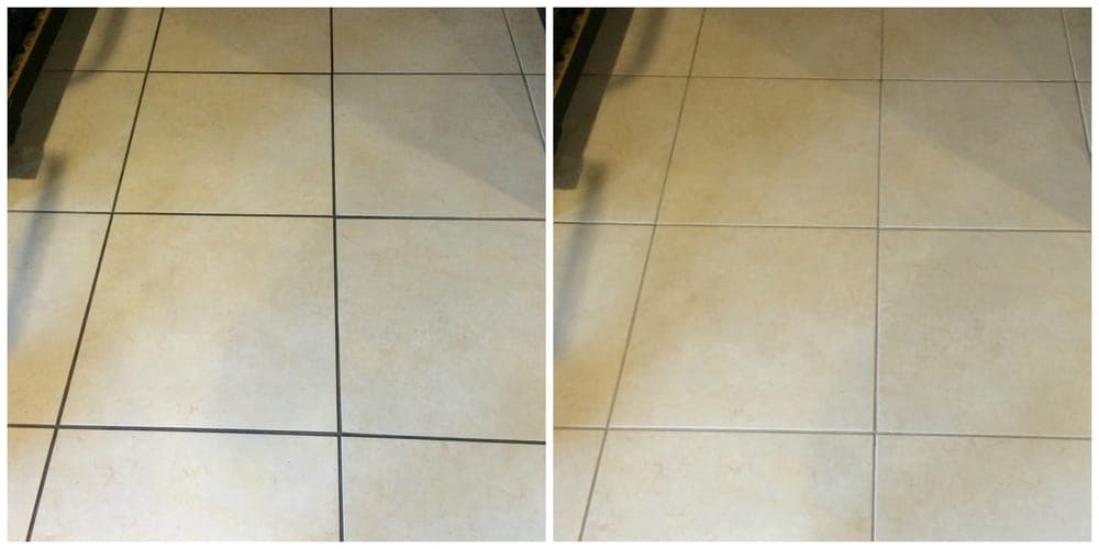 04 A split image shows dirty, dark grout lines on the left and clean, light grout lines on the right.