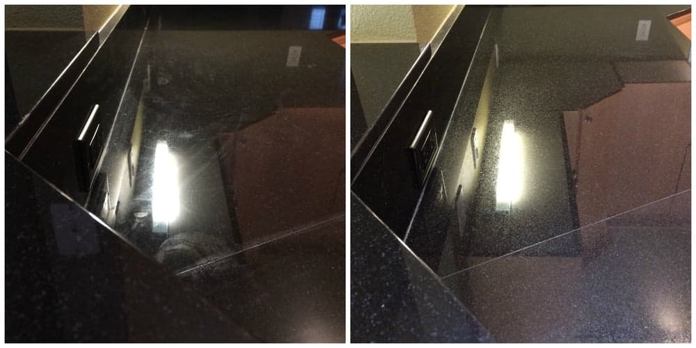 05 A split image shows a dirty, streaky black granite countertop on the left and a clean, shiny one on the right.