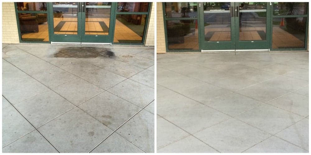 06 A before-and-after image shows a dirty concrete patio with dark stains on the left, and a clean patio on the right.