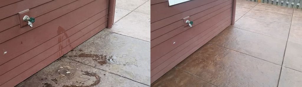 07-1 A split image shows a brown house wall with a spigot, before and after cleaning the dirty concrete patio.