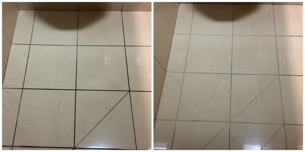 07 A side-by-side comparison shows dirty, dark-grouted beige floor tiles on the left and clean, light-grouted tiles on the right.