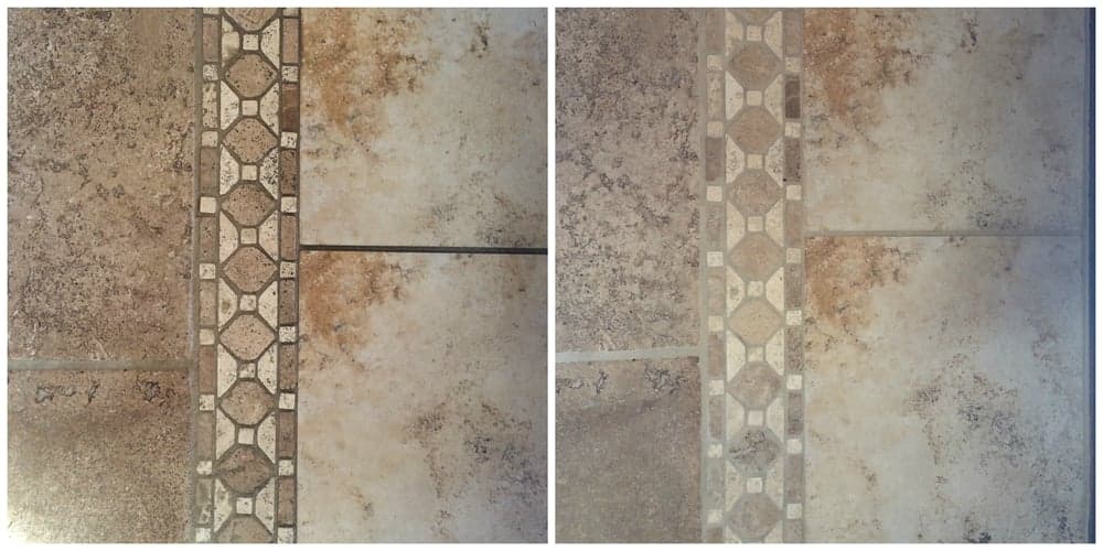 08 Two side-by-side images show a strip of decorative tiles separating two sections of mottled brown and beige tiles.