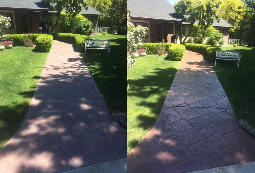 09-1 (1) A split image shows a concrete walkway before and after pressure washing, revealing a stamped pattern.