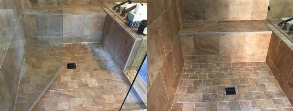 09-1-1 A side-by-side comparison shows a dirty tiled shower on the left and the same shower clean on the right.