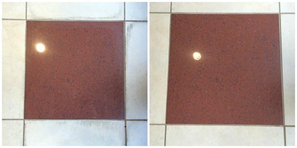 09 A side-by-side comparison shows dirty white grout around a red tile on the left, and clean grout on the right.