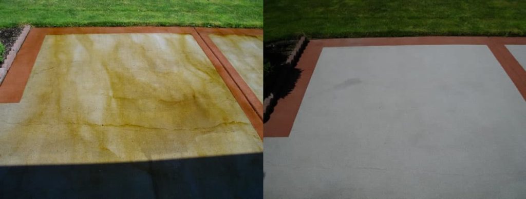 10-1 (1) A split image shows a dirty, yellow-stained concrete patio on the left and a clean, light gray patio on the right.