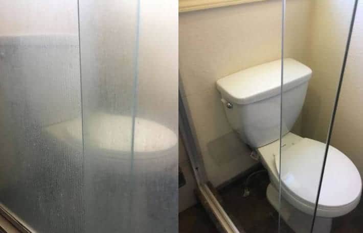 10-1-1 A split image shows a toilet behind a foggy glass shower door on the left and a clear door on the right.