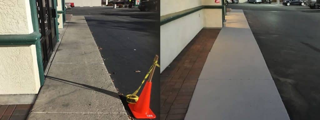 11-1-1 A split image shows a broken concrete sidewalk with a cone on the left and a newly paved sidewalk on the right.