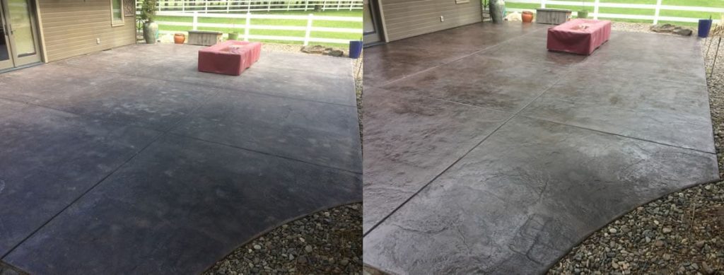12-1-1 A split image shows a dark, dirty concrete patio on the left and a clean, lighter one on the right.