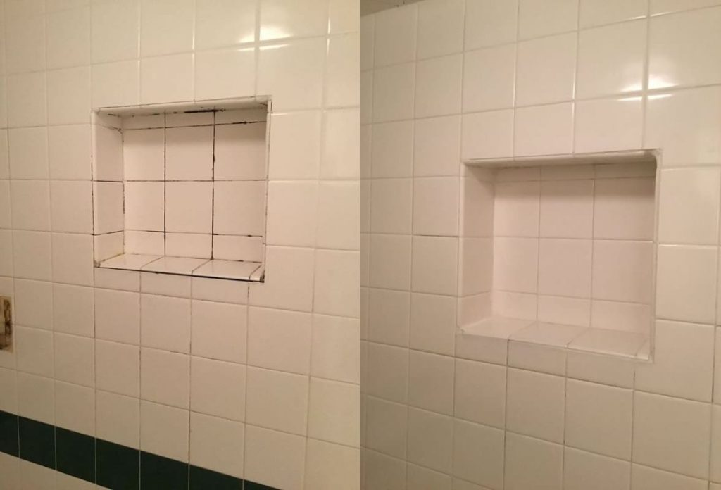 13-1-1 A before and after comparison shows a tiled shower niche, first with dirty grout, then clean and white.