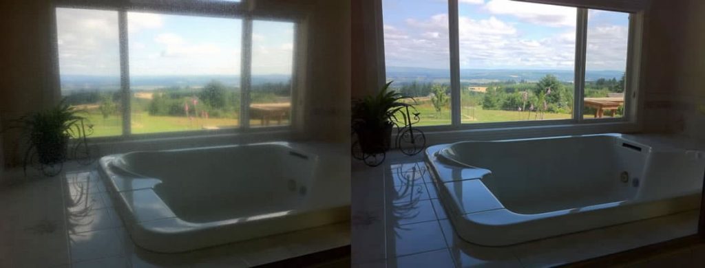 13-1 A side-by-side comparison shows a hazy window and a clear window above a white bathtub.