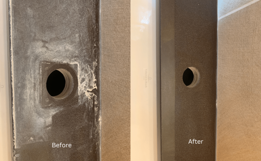 14 A "Before" and "After" comparison shows a dark surface with a round hole, initially covered in white residue, then clean.