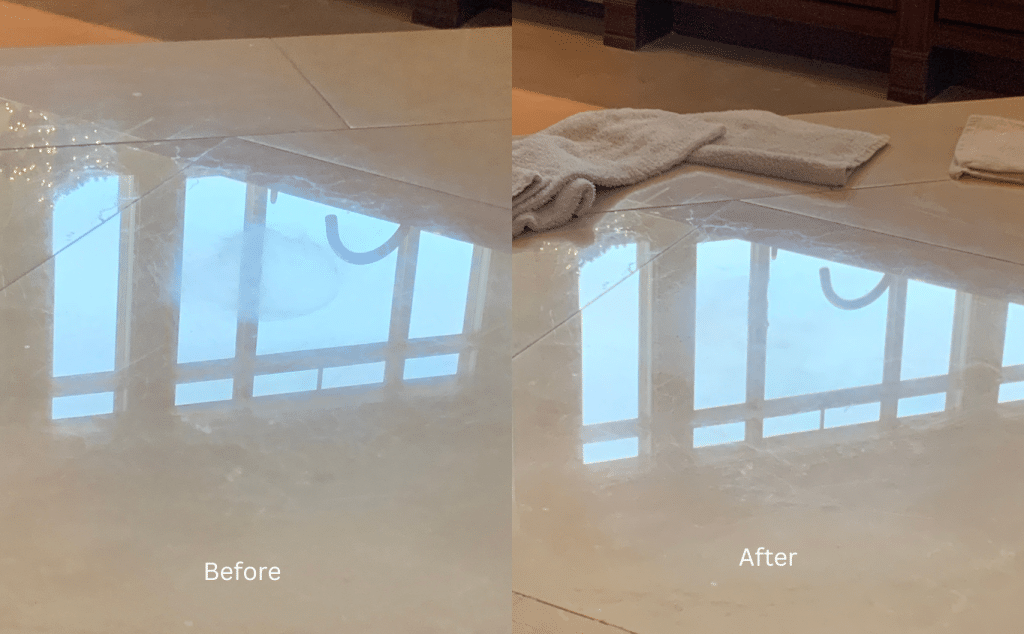 15 A split image shows a dirty tiled floor "Before" with water droplets and a clean floor "After" with a towel.