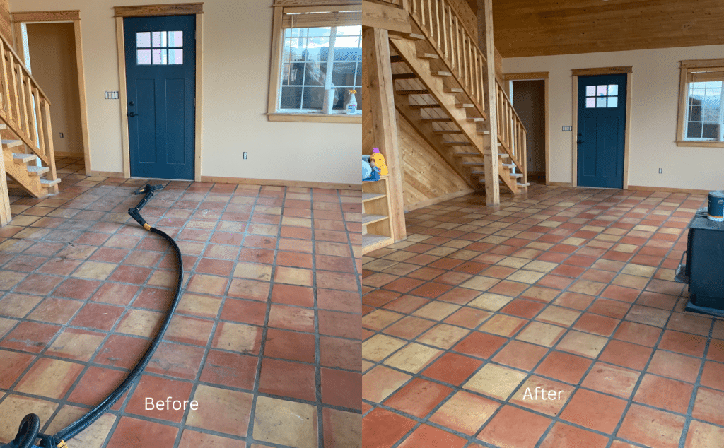 16 A split image shows a tiled floor "Before" cleaning with a hose and "After" cleaning, looking much brighter.
