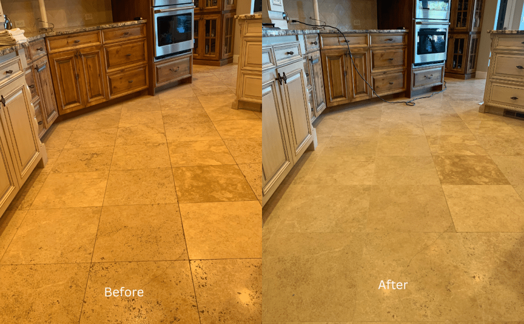 17 A split image shows a kitchen floor "Before" cleaning on the left and "After" cleaning on the right.