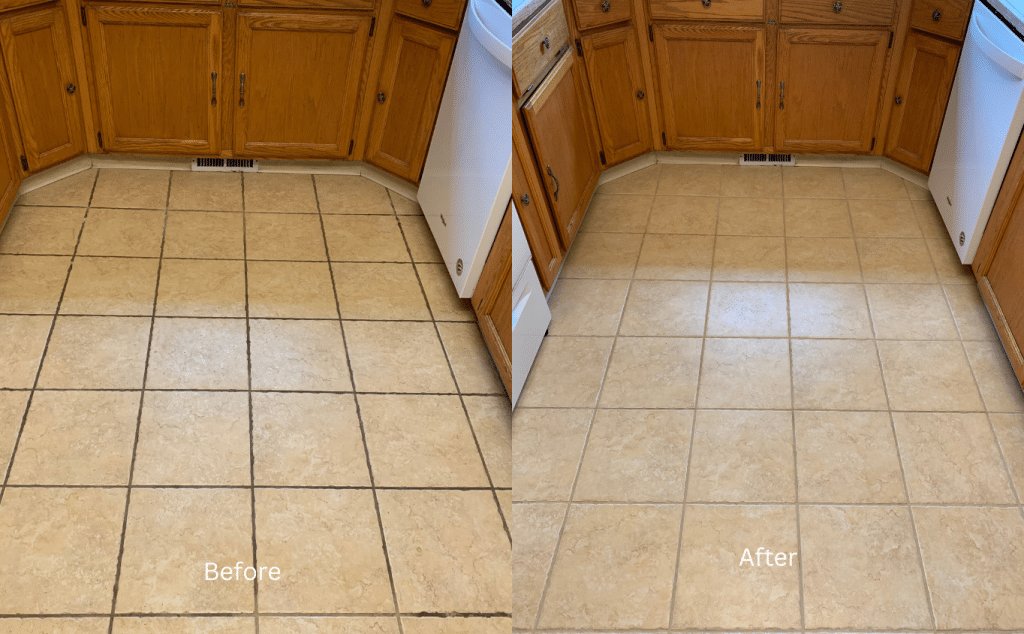 18 A split image showing "Before" dirty tile floor with dark grout and "After" clean tile with light grout.