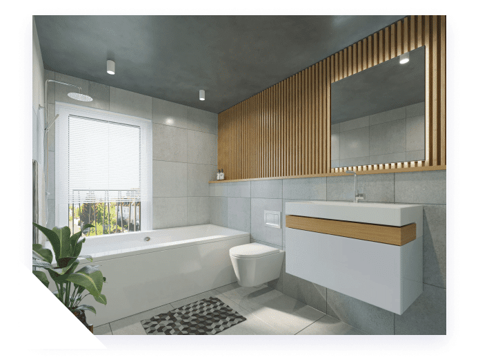 A modern bathroom with a white bathtub, toilet, floating vanity, and a mirror above a slatted wooden wall.
