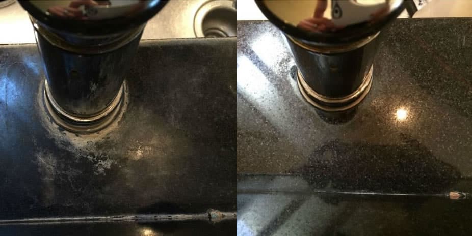 Boise2 A split image shows a kitchen faucet base on a dark granite counter, with hard water stains on the left and clean on the right.
