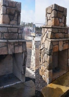 A split image shows a dirty stone fireplace on the left and a clean, vibrant stone fireplace on the right.
