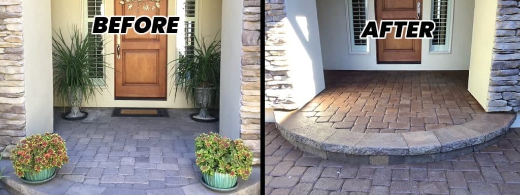 Perma_Treat_Reno_before-after "BEFORE" shows a gray paver patio, while "AFTER" shows a brown paver patio with a curved step.