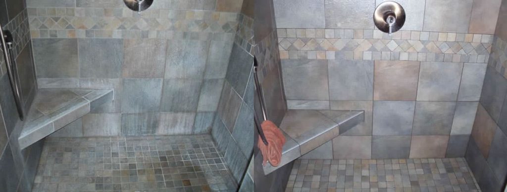 A split image shows a tiled shower before and after cleaning, with a dirty left side and a clean right side.