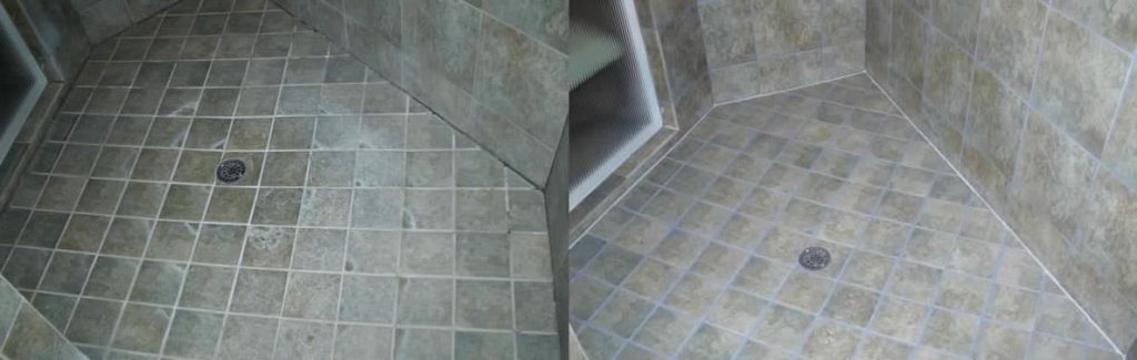 A side-by-side comparison of a dirty, tiled shower floor on the left and a clean, tiled shower floor on the right.