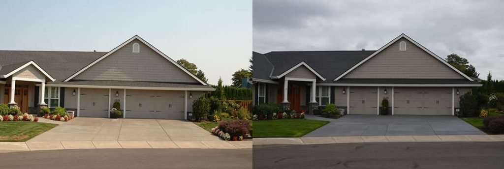 A split image shows a house with a light gray roof and driveway on the left, and a dark gray roof and driveway on the right.