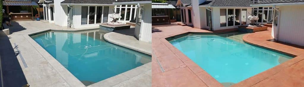 A split image shows a pool area before and after a patio resurfacing, changing from gray to reddish-brown.