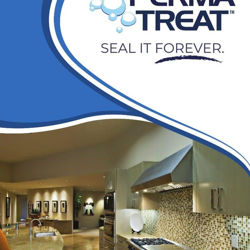 A modern kitchen with granite countertops and a tiled backsplash, with "PERMA TREAT SEAL IT FOREVER."