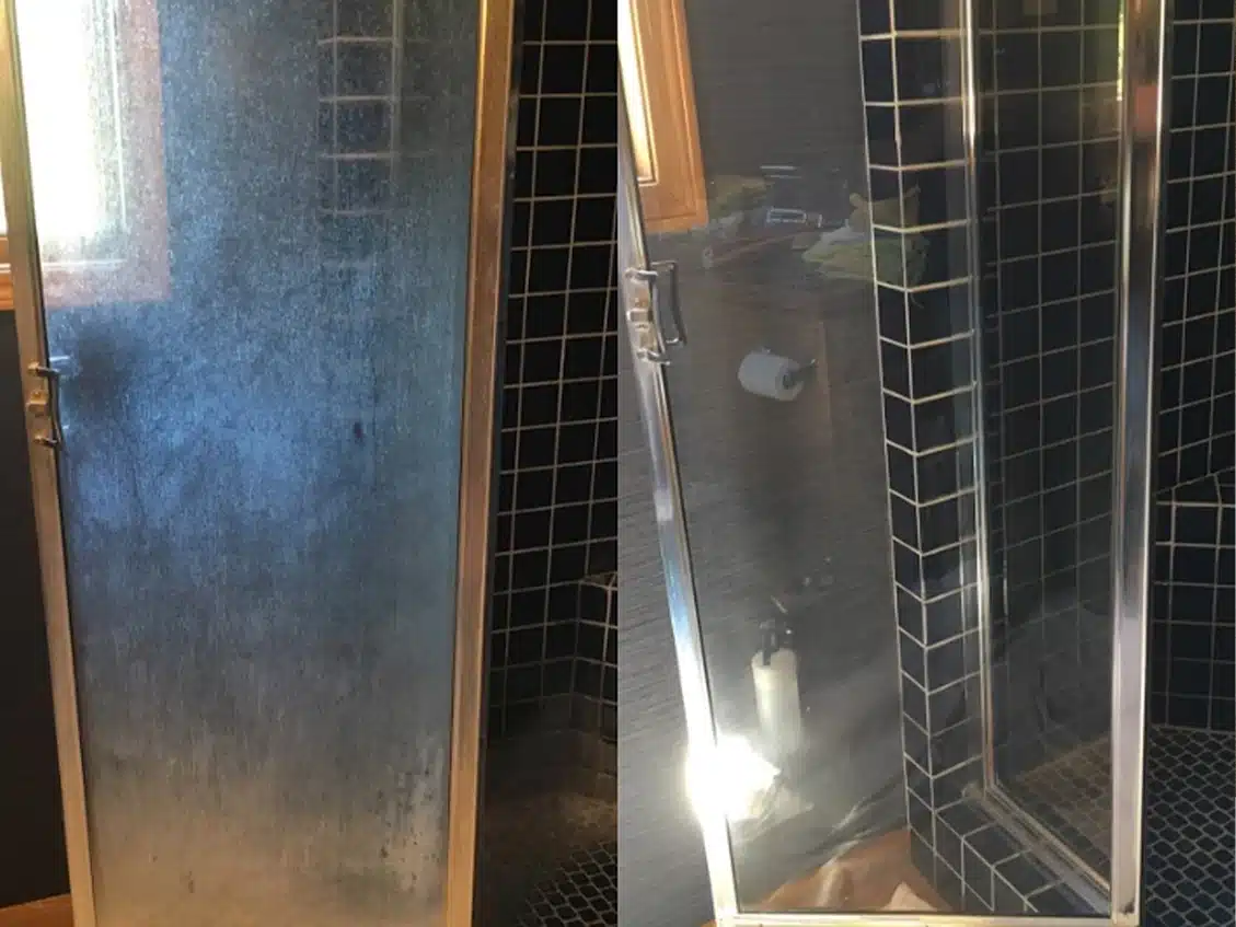 A side-by-side comparison shows a dirty, cloudy shower door next to a clean, sparkling one.