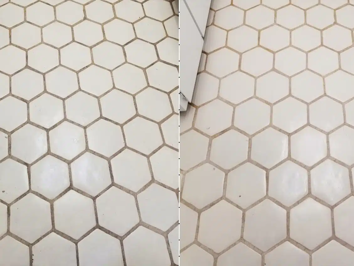 A side-by-side comparison of dirty white hexagonal floor tiles with dark grout and clean tiles with light grout.