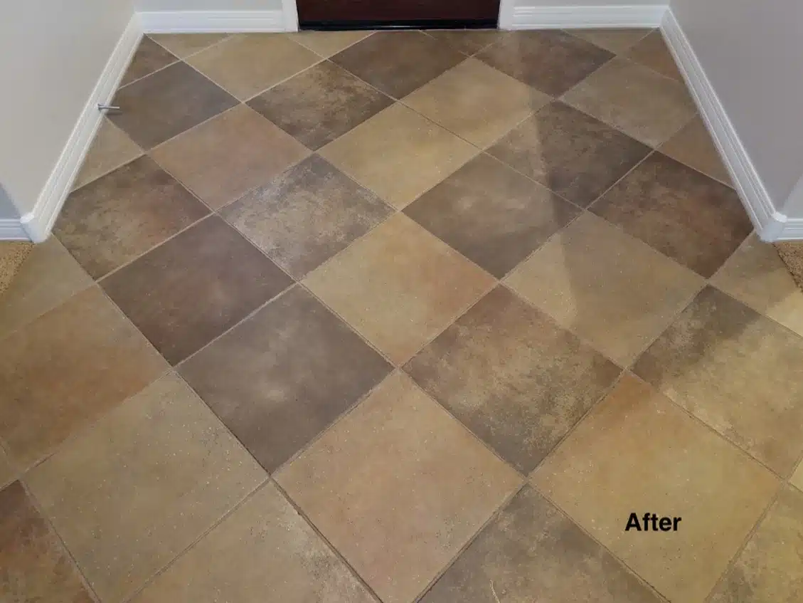 A clean floor of alternating light and dark brown diamond-shaped tiles with the word "After" in the bottom right corner.