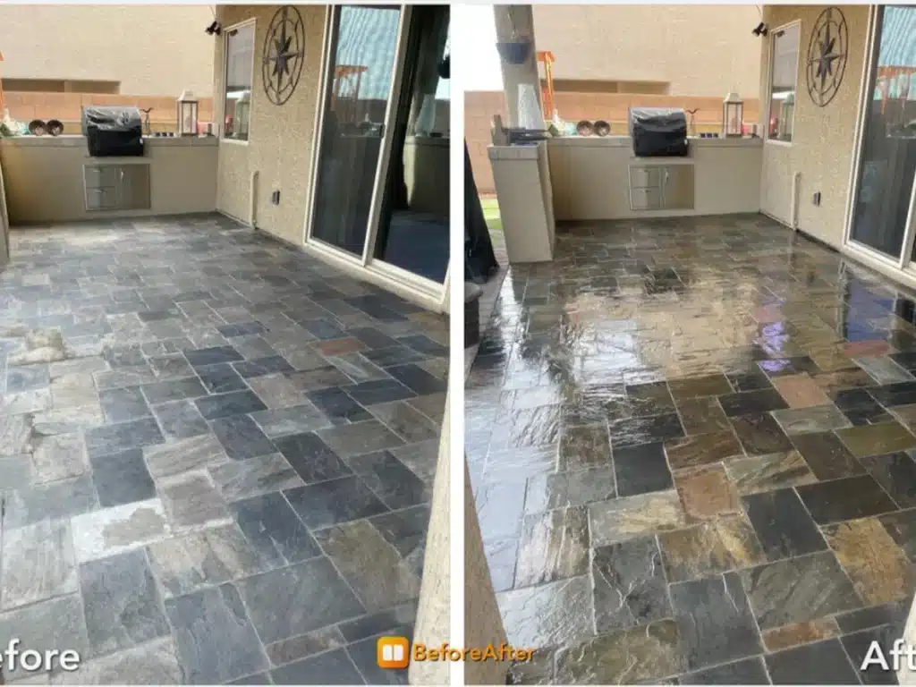 A tiled patio floor, dry and dull on the left ("Before") and wet and shiny on the right ("After").