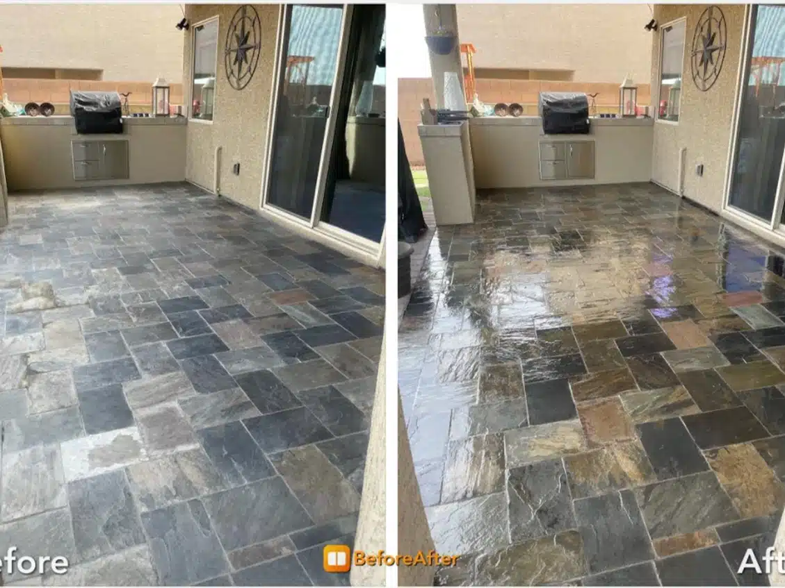 A tiled patio floor, dry and dull on the left ("Before") and wet and shiny on the right ("After").